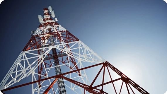 Sim 3D telecommunications tower with blue sky